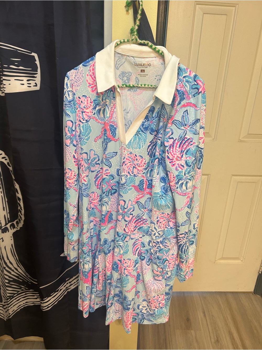 Women's Long Sleeve Collared Shirt Dress - Pastel Blue Floral